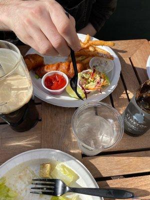 Fish and chips, Caesar salad with avocado