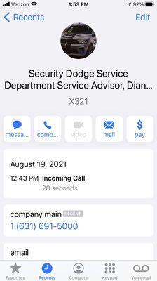 Proof of the incoming call that I received from this dealer letting me know that my car was ready on 08/19/2021 at 12:43pm