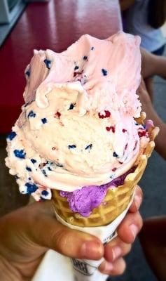 Waffle cone cotton candy explosion and purple dinosaur, my kids all time favorite