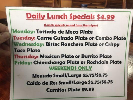 Daily lunch specials