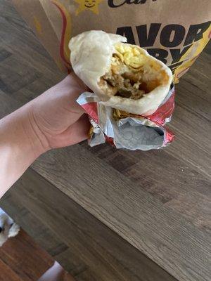 Inside beyond sausage breakfast burrito