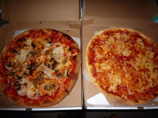 Mushroom and onion pizza; cheese pizza