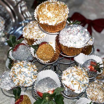 Silver and Gold chocolate covered strawberries and Cupcakes