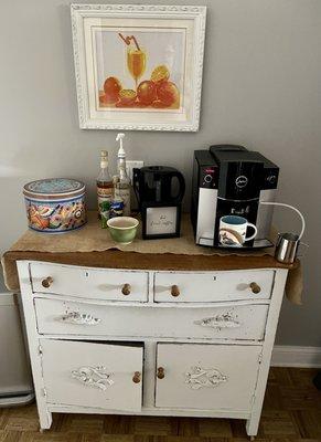 This is my home coffee area. The little frothing pitcher on the right is a prize I won during Mama Mochas grand opening!!