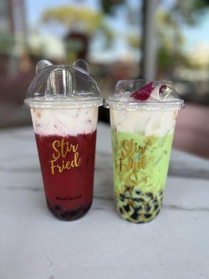 pink pear green tea chizu with stir fried boba (L) & pandan mung bean chizu with stir fried boba (R)