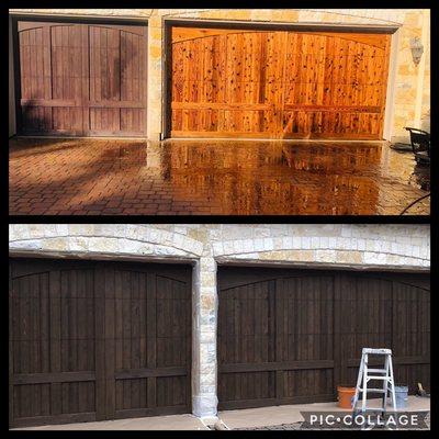 Stripped and stained garage doors.