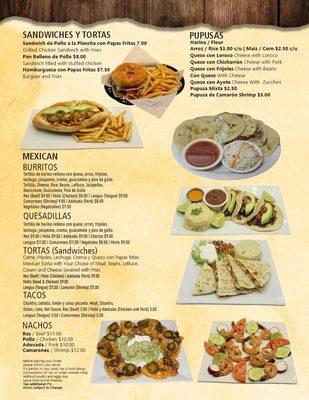 Tortas, Pupusas, Quesadillas, Burritos, Tacos menu