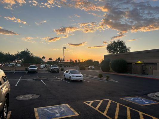 View from lobby window at sunset.