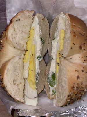 Everything bagel with egg and scallion cream cheese