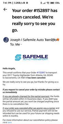 Safemail honoring my cancellation request