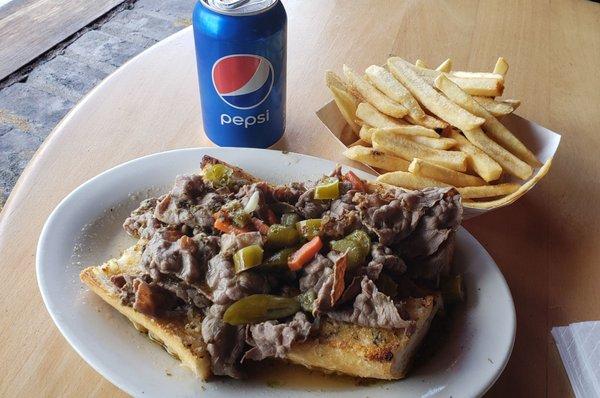 Italian beef with hot giardiniera on garlic bread, plus fries & drink ($13)