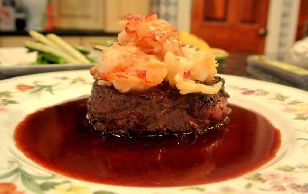 Filet Mignon, Red Wine Reduction & Butter Poached Lobster