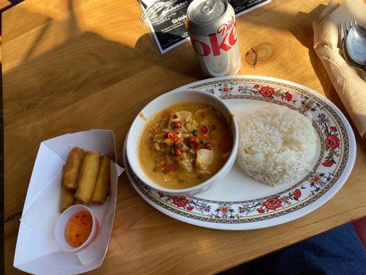 I had the Massaman Curry with Chicken and Spring Rolls.  Including diced Thai Chili's. An Outstanding Lunch.