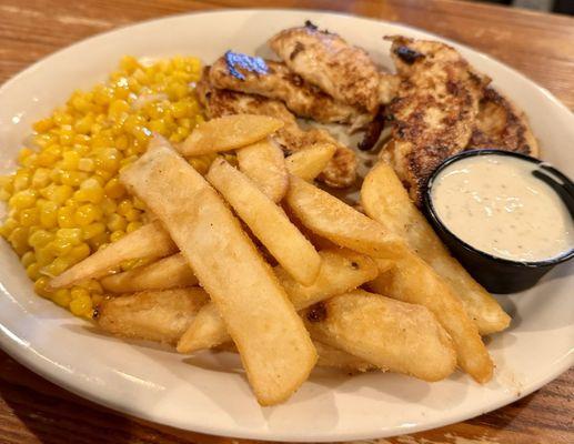 Grilled Chicken Tenders with steak fries and corn