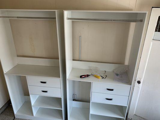 Two piece wardrobe, set assembly completed