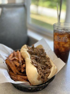 I was excited when my lunch was delivered: Philly cheesesteak and sweet potato fries with cinnamon sugar...