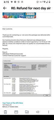 Email from the Big boys to The UPS store and then the lie told