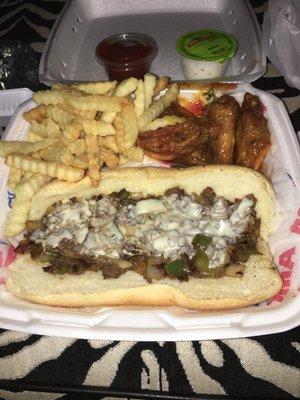 Beef philly, no mushrooms - hot lemon pepper wings with fries! DELICIOUS!