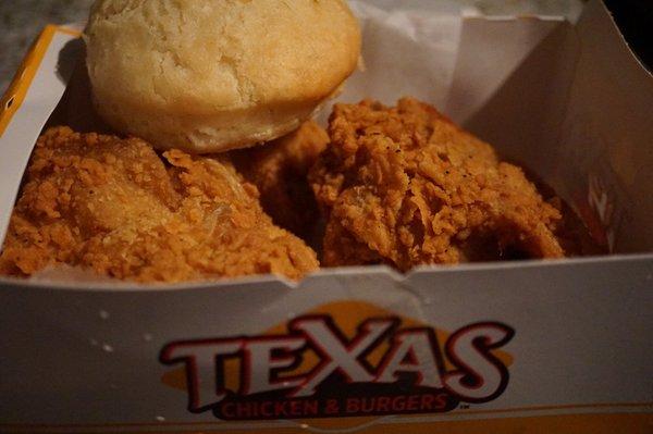 Fried Chicken--3 pieces. Biscuit. Tasty. 4ish bucks