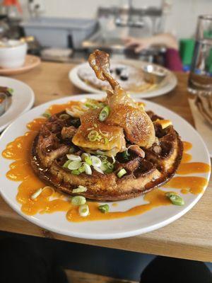 Duck & Waffle (house duck confit leg, wild rice waffle, honey sriracha butter, hard boiled egg)