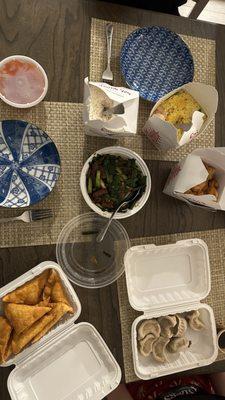 Shrimp fried rice, crab rangoons, steamed dumplings, sweet and sour chicken, Mongolian beef, white rice