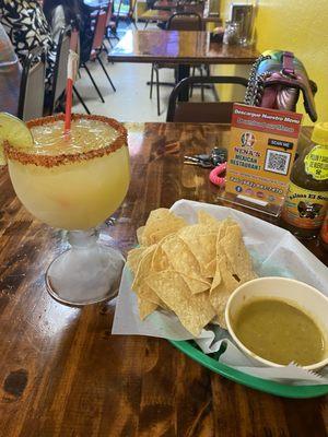 Chips, house margarita (lime) and their salsa is like NO ONE else, I loveeee it