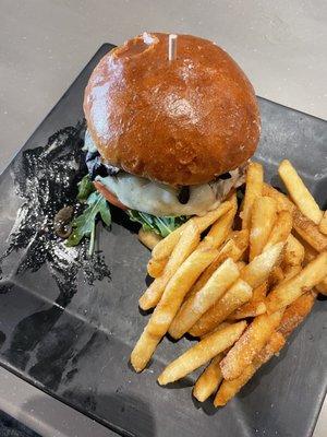 Mushroom Swiss Burger and Fries