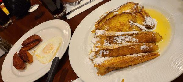 French toast-full ($13.99) with egg ($2.99) & Portuguese sausage ($5.99) and Coke ($4.99)