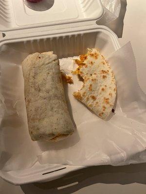 Chicken Burrito with half a quesadilla