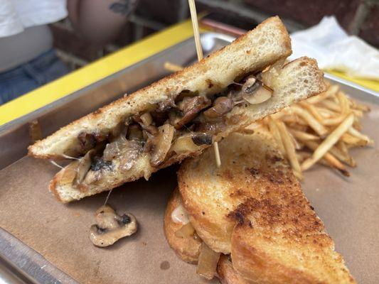 Grilled Mushroom Cheese Sandwich (?) with shoestring fries.