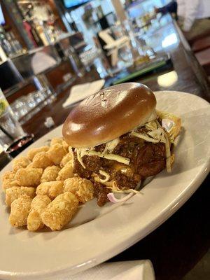 Carolina Burger with tater tots