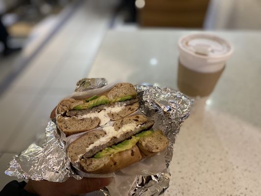 Cinnamon raisin bagel with cream cheese, avocado, and sausage (~$2.25), medium hot coffee  IG: @ohmyono