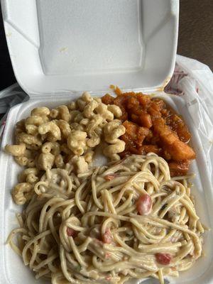 Mac and Cheese, Yams, and Chicken Spaghetti