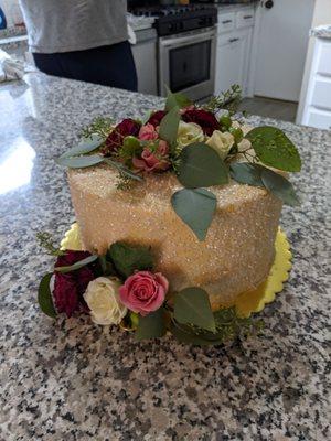 Almond raspberry cake. flowers from local florist in Antioch