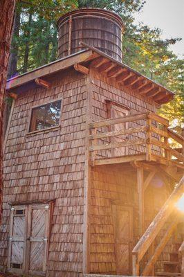 Water tower cabin rental. Wake up surrounded by the site of redwoods out of every window. One of 8+ cabin sleeping options.