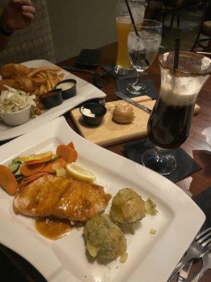 Atlantic salmon, fish and chips, Spanish coffee and Four Giants Hazy IPA.