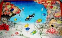 Custom Coral Reef Tile Mural With Clown Trigger Fish.
Tropical fish tile mural