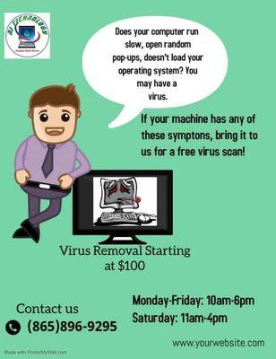 Does your computer have any of the symptoms listed? You may have a virus. Come get a free diagnostic @ RJ Technology