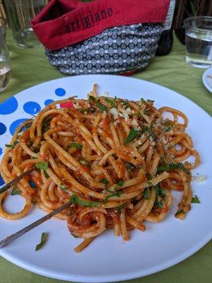 bucatini with some anchovy tomato sauce