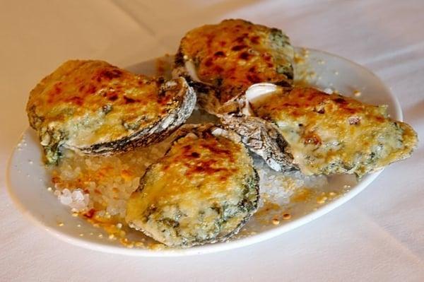 Oysters Rockefeller- Jumbo Oysters topped with spinach, Parmesan and Bacon