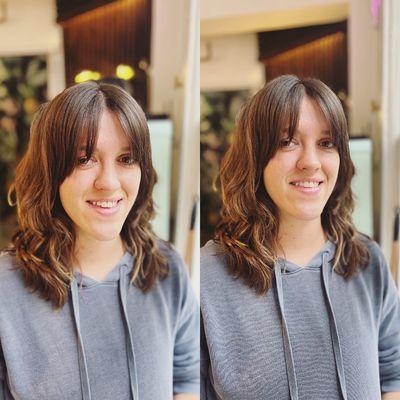 Curtain bangs and shaggy layers on deep wave hair