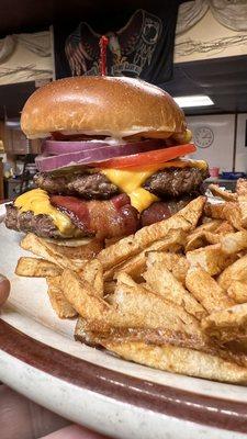 Big mouth burger with sweet potato fries