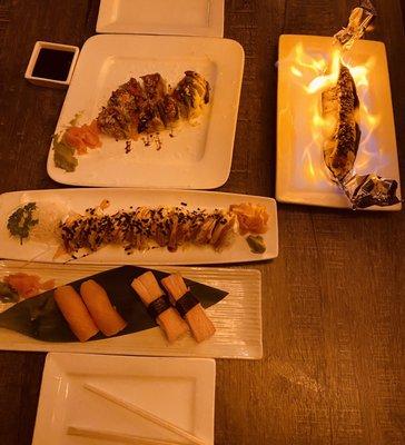 Nigiri Appetizer (smoked salmon and crab), Oh my god roll, American beauty roll, Jurassic park roll