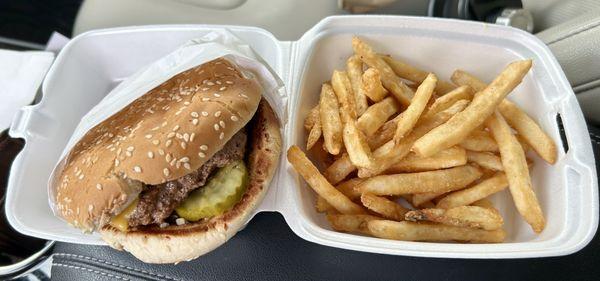 1/4 Lbs Cheeseburger with pickles, onions and a small order of fries