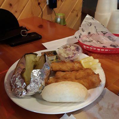 Deep fried Breaded Cod, baked Potato, coleslaw, roll!