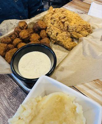 Catfish & fried okra & old mashed Way over done mashed potatoes.