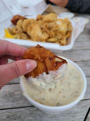 Dipping those clam cakes in the outstanding chowder! Can't stop, won't stop.