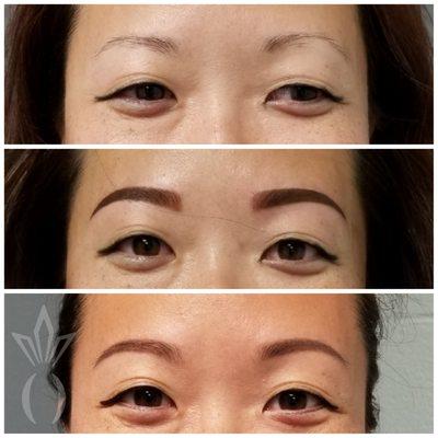 Powder Ombre Brow Tattoo Before, immediately after and healed before touch up. I absolutely love the natural look of a powder tattoo.