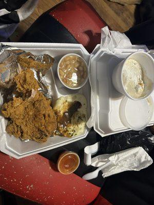 White meat fried chicken plate with bananas pudding and mash tater gravy w white bean & roll