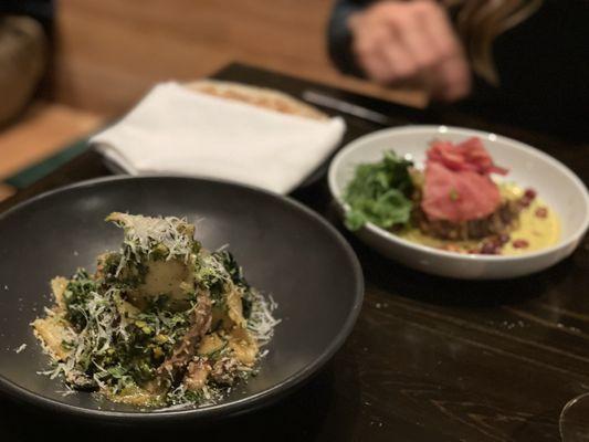 COCONUT BRAISED BEEF SHANK WITH PAPPARDELLE (in front) and CRISPY PORK SHOULDER (back)